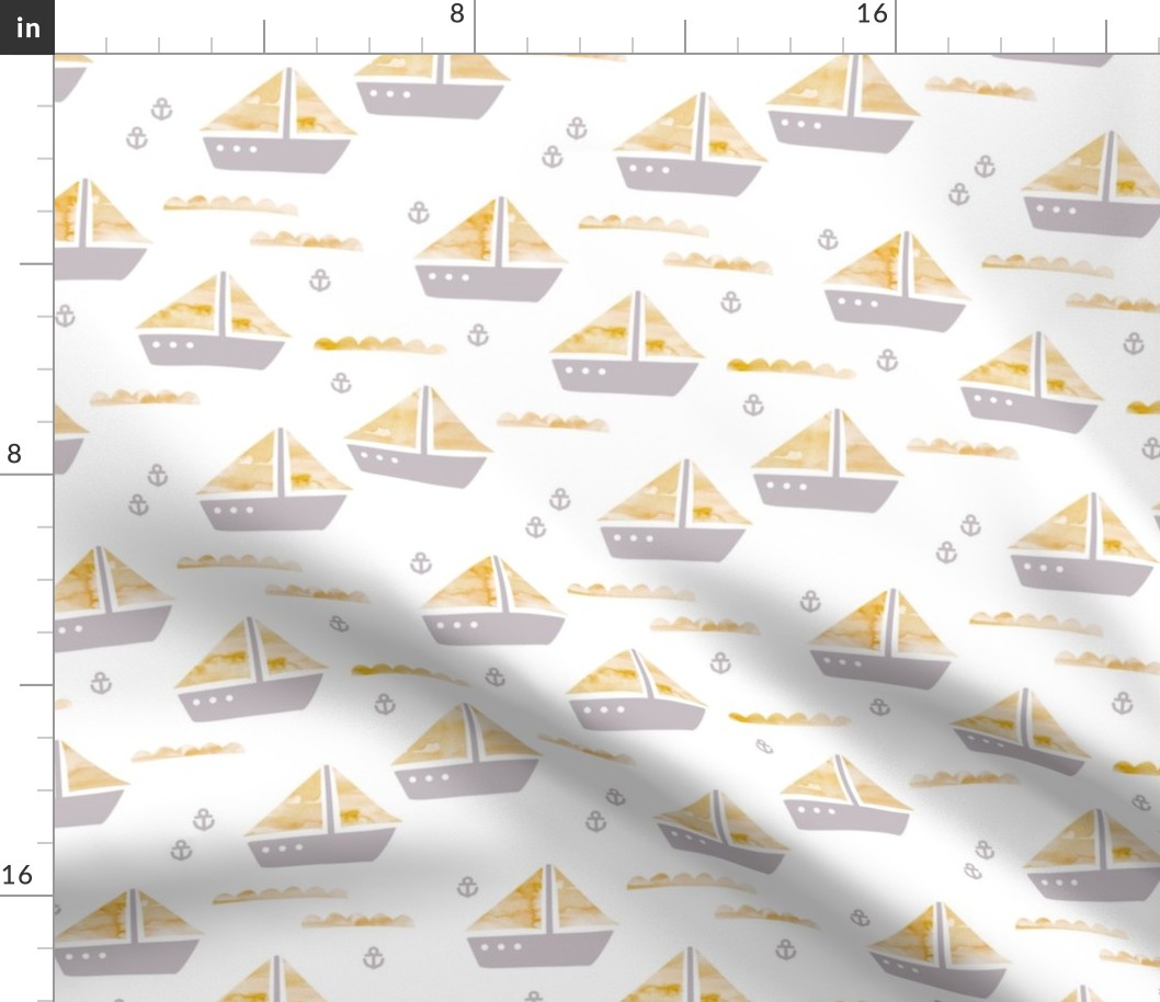 Watercolor sailing boat under water ocean life marine anchor boats mustard gray gender neutral