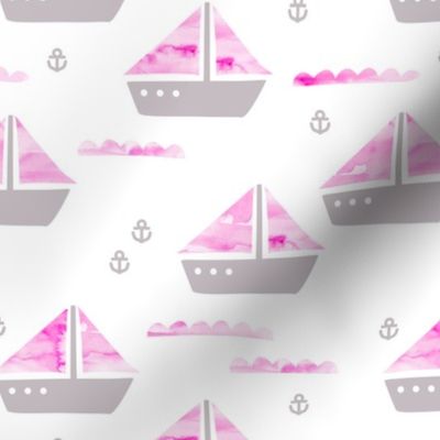 Watercolor sailing boat under water ocean life marine anchor boats pink gray girls