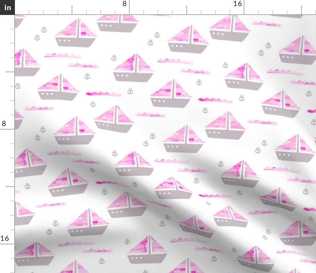 Watercolor sailing boat under water ocean life marine anchor boats pink gray girls