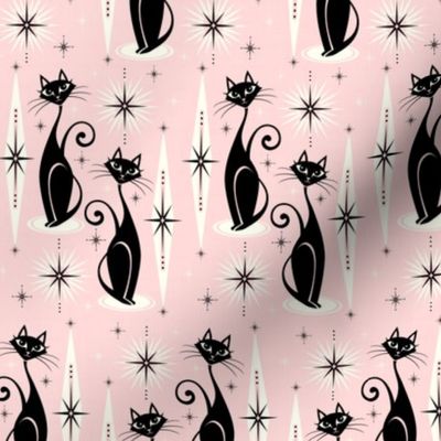 Mid Century Meow Retro Atomic Cats on Warm Pink - Horizontal