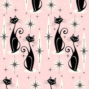 Mid Century Meow Retro Atomic Cats on Warm Pink - Horizontal