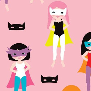 Colorful super hero girls with mask and cape fun heroine theme for kids pink LARGE