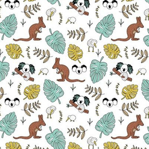 Australian outback animals and New Zealand birds jungle leaves illustration print kids summer mint boys SMALL