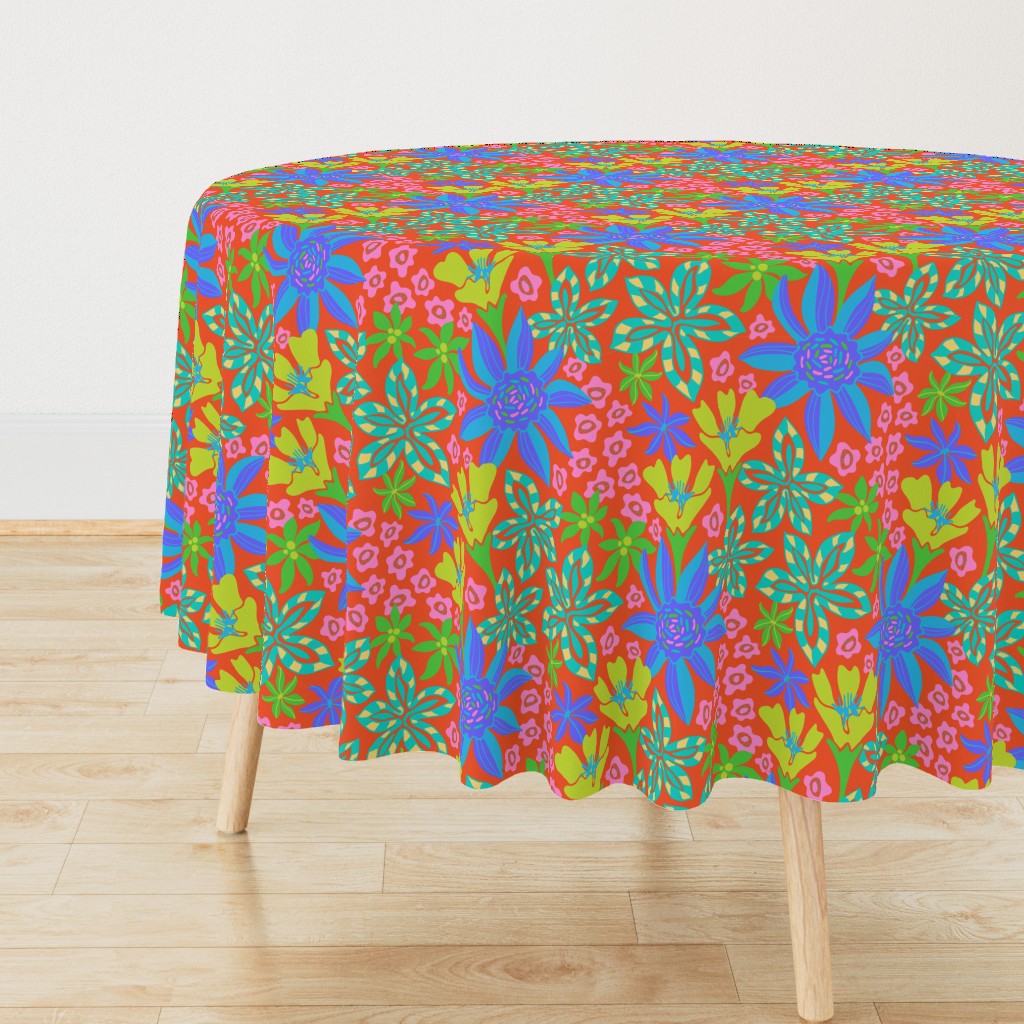 Summer of Love Bright Maximalist Boho Floral Botanical in Groovy Psychadelic 60s Purple Blue Turquoise Green Pink on Coral Orange - UnBlink Studio by Jackie Tahara