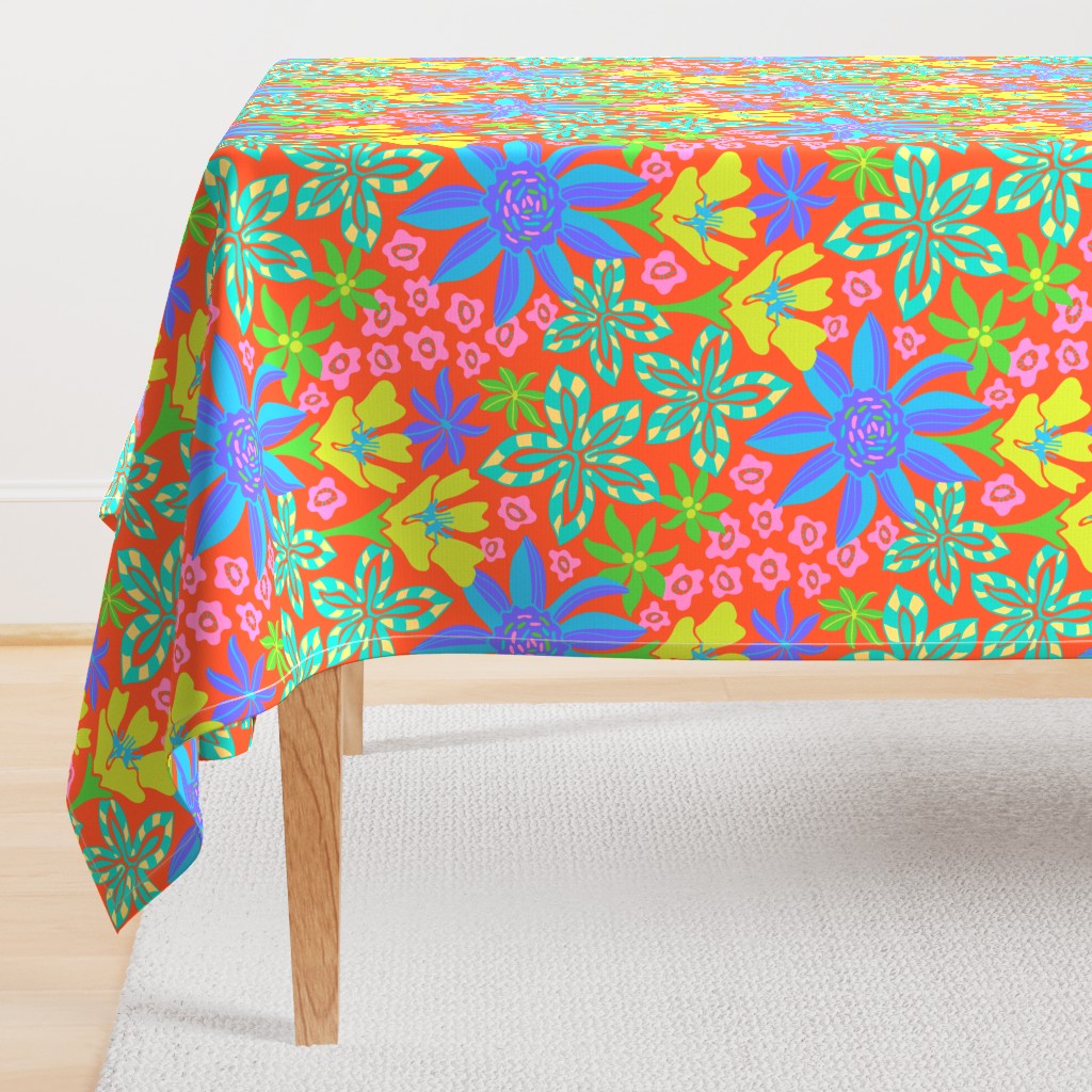 Summer of Love Bright Maximalist Boho Floral Botanical in Groovy Psychadelic 60s Purple Blue Turquoise Green Pink on Coral Orange - UnBlink Studio by Jackie Tahara