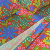 Summer of Love Bright Maximalist Boho Floral Botanical in Groovy Psychadelic 60s Purple Blue Turquoise Green Pink on Coral Orange - UnBlink Studio by Jackie Tahara
