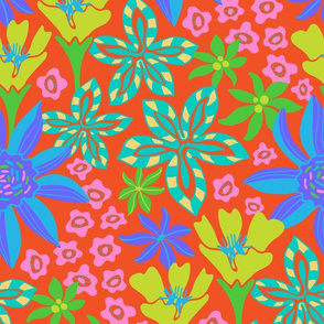 Summer of Love Bright Maximalist Boho Floral Botanical in Groovy Psychadelic 60s Purple Blue Turquoise Green Pink on Coral Orange - UnBlink Studio by Jackie Tahara