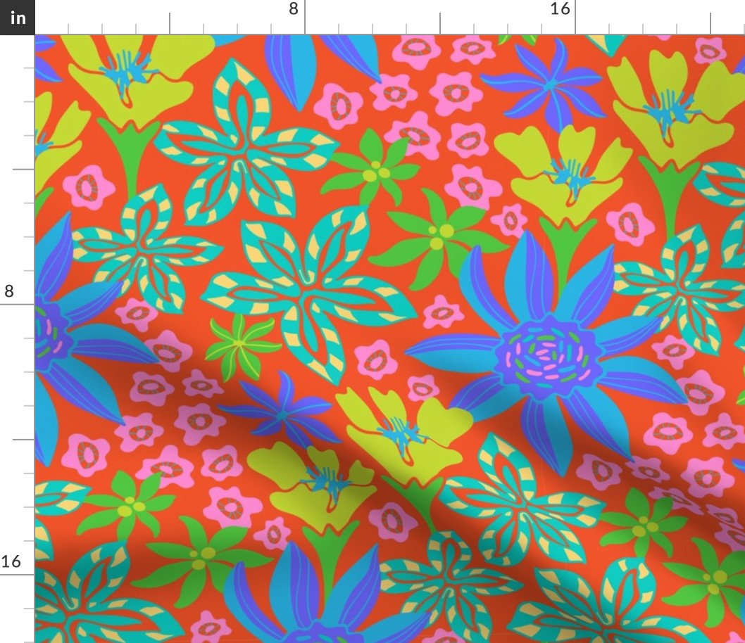 Summer of Love Bright Maximalist Boho Floral Botanical in Groovy Psychadelic 60s Purple Blue Turquoise Green Pink on Coral Orange - UnBlink Studio by Jackie Tahara