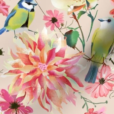 spring flowers with birds