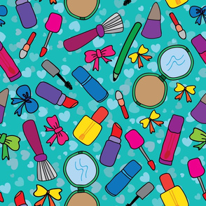 Doodle of Colorful Makeup/ Cosmetic tools on Turquoise