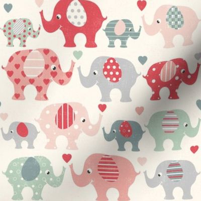 Cute love elephants - red, green and gray