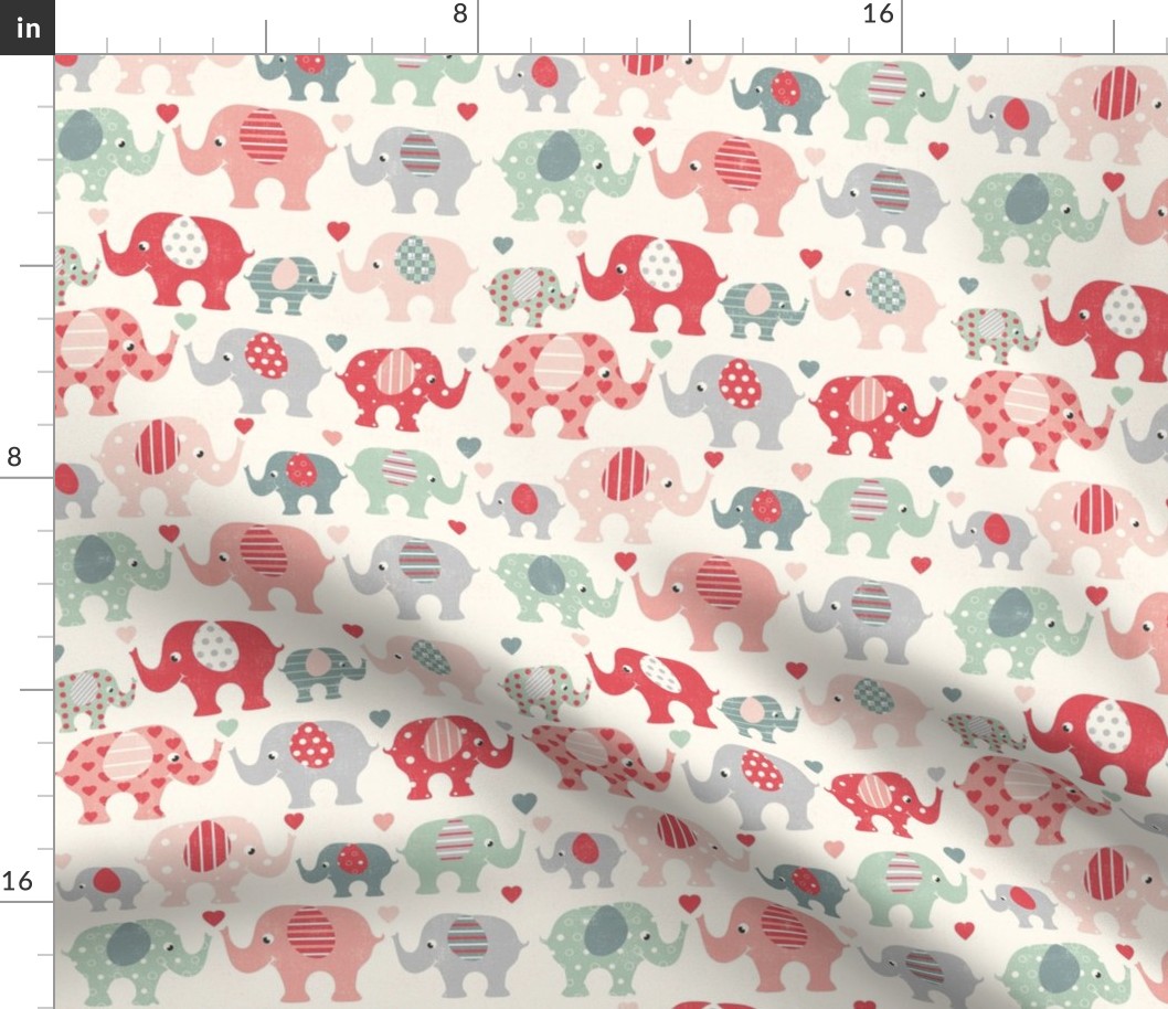 Cute love elephants - red, green and gray