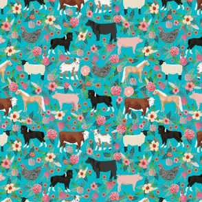 SMALL - SMALL - Farm animals cow sheep goat chicken floral fabric turquoise