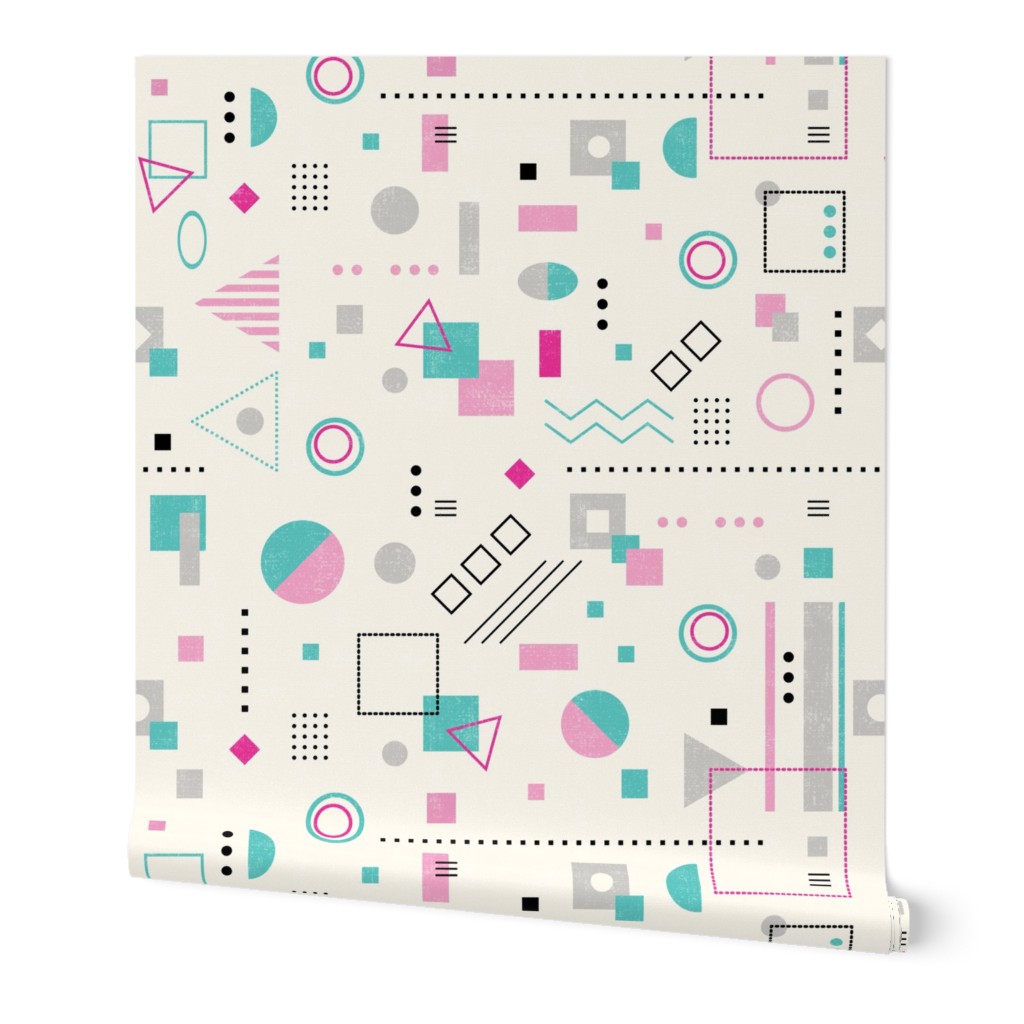 Abstract shapes geometric pattern - pink and turquoise squares, circles, triangles