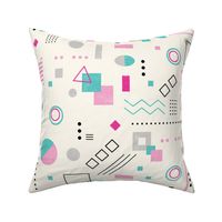 Abstract shapes geometric pattern - pink and turquoise squares, circles, triangles