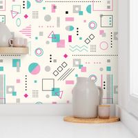 Abstract shapes geometric pattern - pink and turquoise squares, circles, triangles