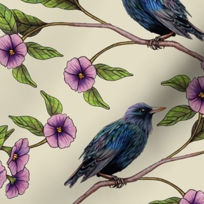 Colorful Blackbirds With Pink Flowers - Floral Bird Pattern