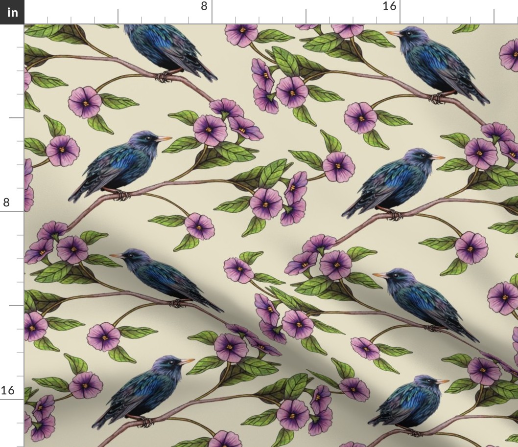 Colorful Blackbirds With Pink Flowers - Floral Bird Pattern