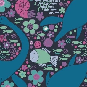 Swimming with plesiosaurs - plum, teal and mint Large