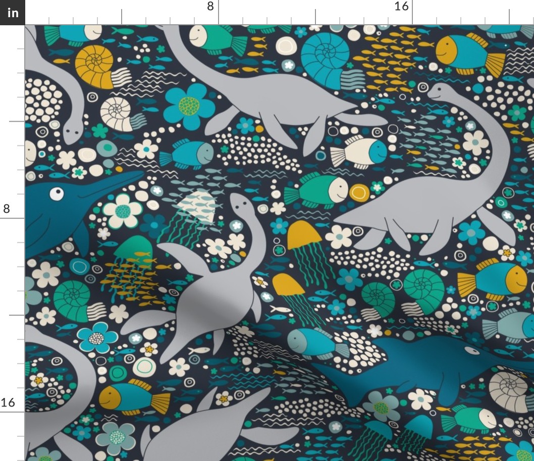 Swimming with plesiosaurs - teal and mustard Large