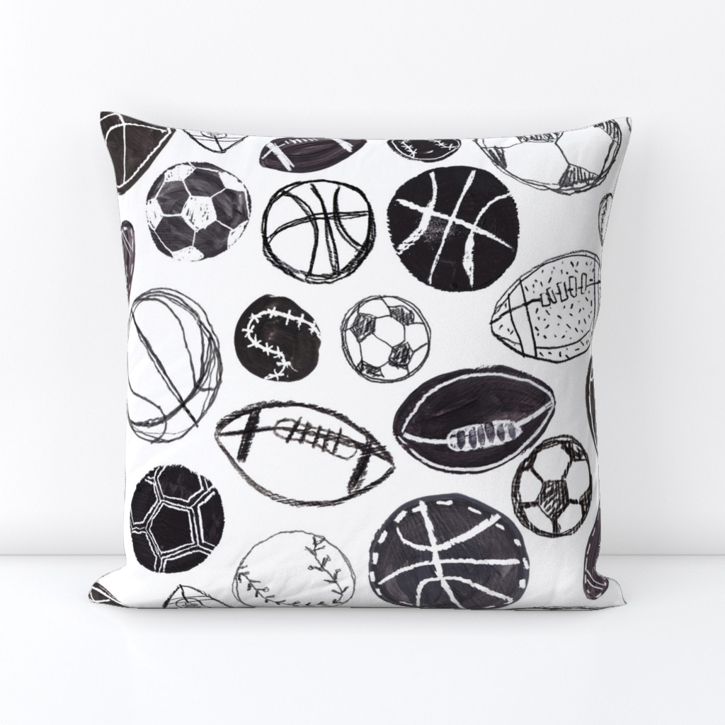 Sports Balls in Black and White - Baseball, Football, Basketball and Soccer Standard Size