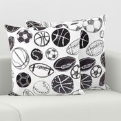 Sports Balls in Black and White - Baseball, Football, Basketball and Soccer Standard Size