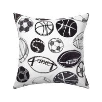 Sports Balls in Black and White - Baseball, Football, Basketball and Soccer Standard Size