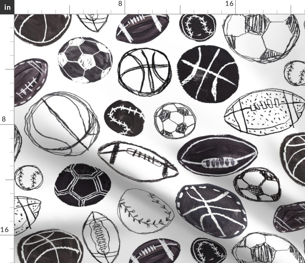 Sports Balls in Black and White - Baseball, Football, Basketball and Soccer Standard Size