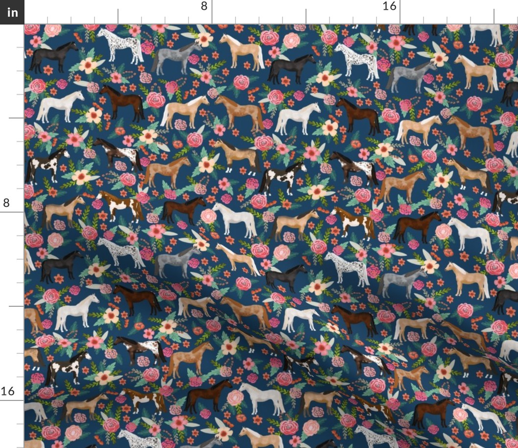 horse multi coat floral horses fabric - navy