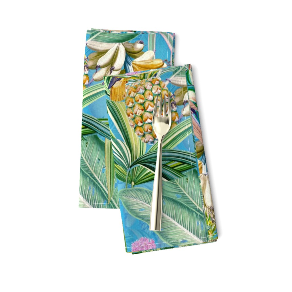 18" Pierre-Joseph Redouté tropicals Lush tropical vintage Jungle blossoms summer bird paradise in shiny teal