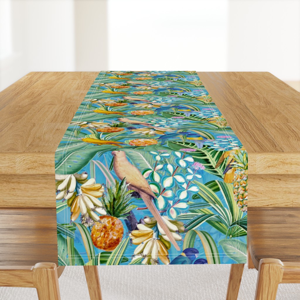 18" Pierre-Joseph Redouté tropicals Lush tropical vintage Jungle blossoms summer bird paradise in shiny teal