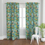 18" Pierre-Joseph Redouté tropicals Lush tropical vintage Jungle blossoms summer bird paradise in shiny teal