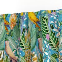 18" Pierre-Joseph Redouté tropicals Lush tropical vintage Jungle blossoms summer bird paradise in shiny teal