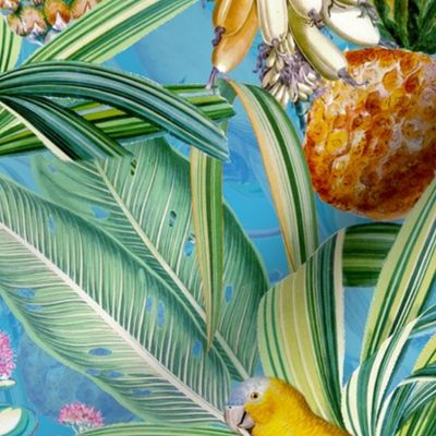 18" Pierre-Joseph Redouté tropicals Lush tropical vintage Jungle blossoms summer bird paradise in shiny teal