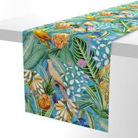 18" Pierre-Joseph Redouté tropicals Lush tropical vintage Jungle blossoms summer bird paradise in shiny teal