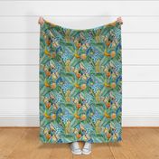 18" Pierre-Joseph Redouté tropicals Lush tropical vintage Jungle blossoms summer bird paradise in shiny teal