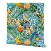 18" Pierre-Joseph Redouté tropicals Lush tropical vintage Jungle blossoms summer bird paradise in shiny teal