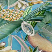 18" Pierre-Joseph Redouté tropicals Lush tropical vintage Jungle blossoms summer bird paradise in shiny teal