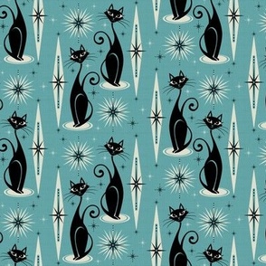 Mid Century Meow on Blue - Vertical