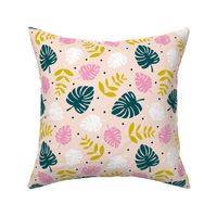 Tropical monstera and palm leaves garden summer boho plant lovers design pink yellow green