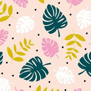 Tropical monstera and palm leaves garden summer boho plant lovers design pink yellow green