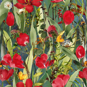 Watercolor of red tulips in the garden 