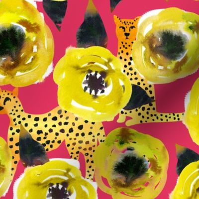 yellow watercolor floral with cheetahs