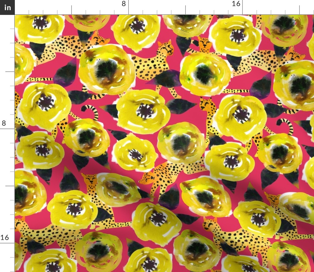 yellow watercolor floral with cheetahs