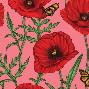 Botanical Red Poppy Flowers with Butterflies - Pink Large