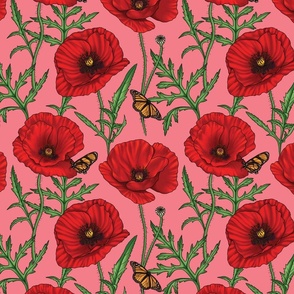 Botanical Red Flowers with Butterflies - Pink Small