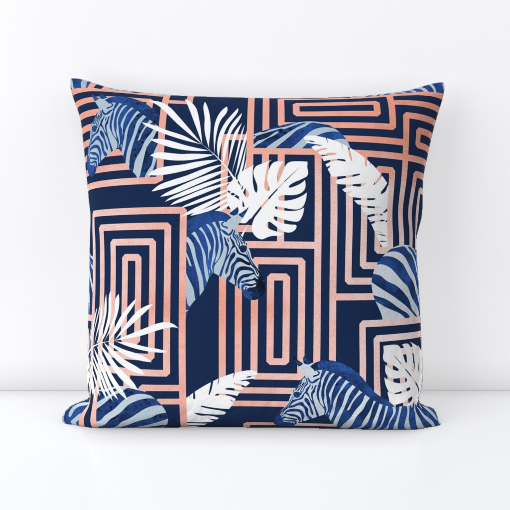 Normal scale // Zebra exotic stripes // navy blue background coral rose metal lines blue zebras, white tropical leaves