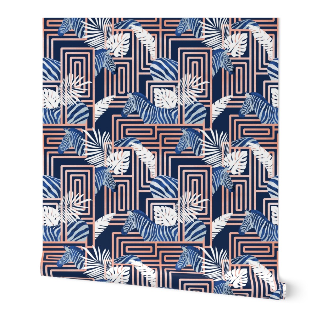 Normal scale // Zebra exotic stripes // navy blue background coral rose metal lines blue zebras, white tropical leaves