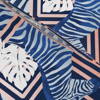 Normal scale // Zebra exotic stripes // navy blue background coral rose metal lines blue zebras, white tropical leaves