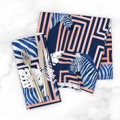 Normal scale // Zebra exotic stripes // navy blue background coral rose metal lines blue zebras, white tropical leaves